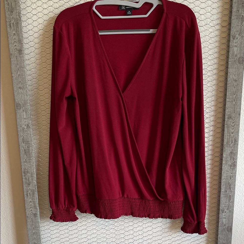 INC International Concepts Burgundy Faux Wrap Blouse